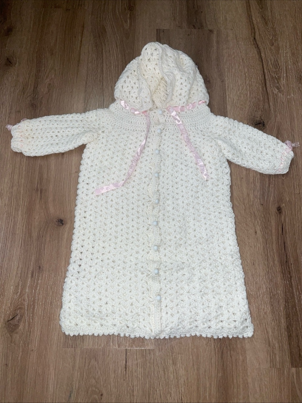 Handmade Cream Crochet Baby Hooded Gown with Pink Ribbon